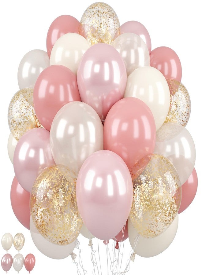 Biapian Pink and Gold Balloons, 50Pcs 12 Inch Retro Blush Pink Cream White Double Stuffed-pink Metallic Gold Confetti Boho Ballon for Birthday Bridal Shower Wedding Party Decorations - Image 1